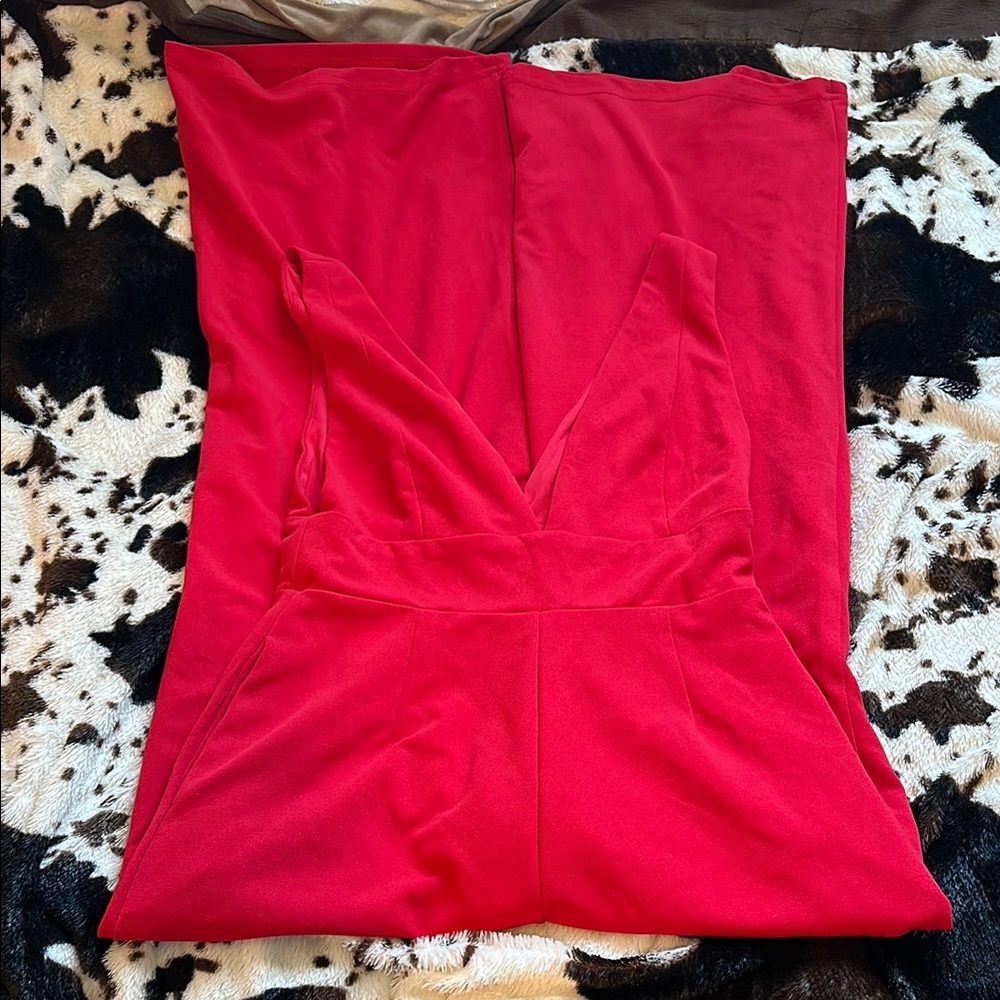 Lulu's Red Plunge Neck Bodycon Jumpsuit